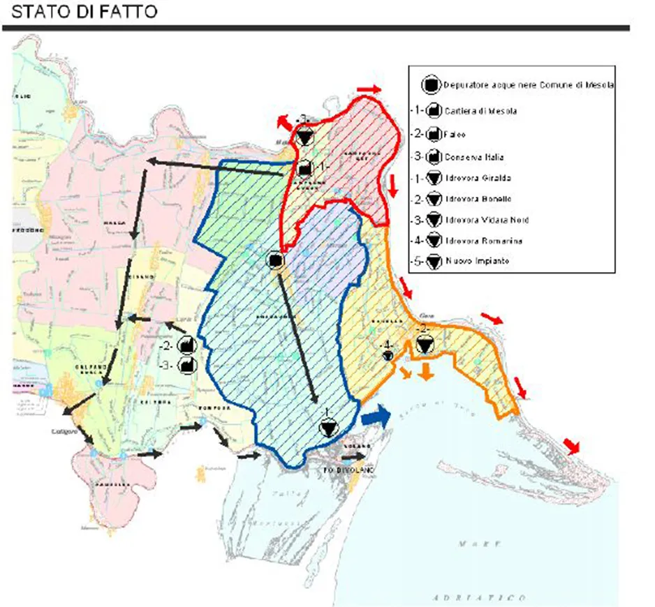 Stato di fatto: bacini idrografici e idrovore che scaricano nella Sacca di Goro